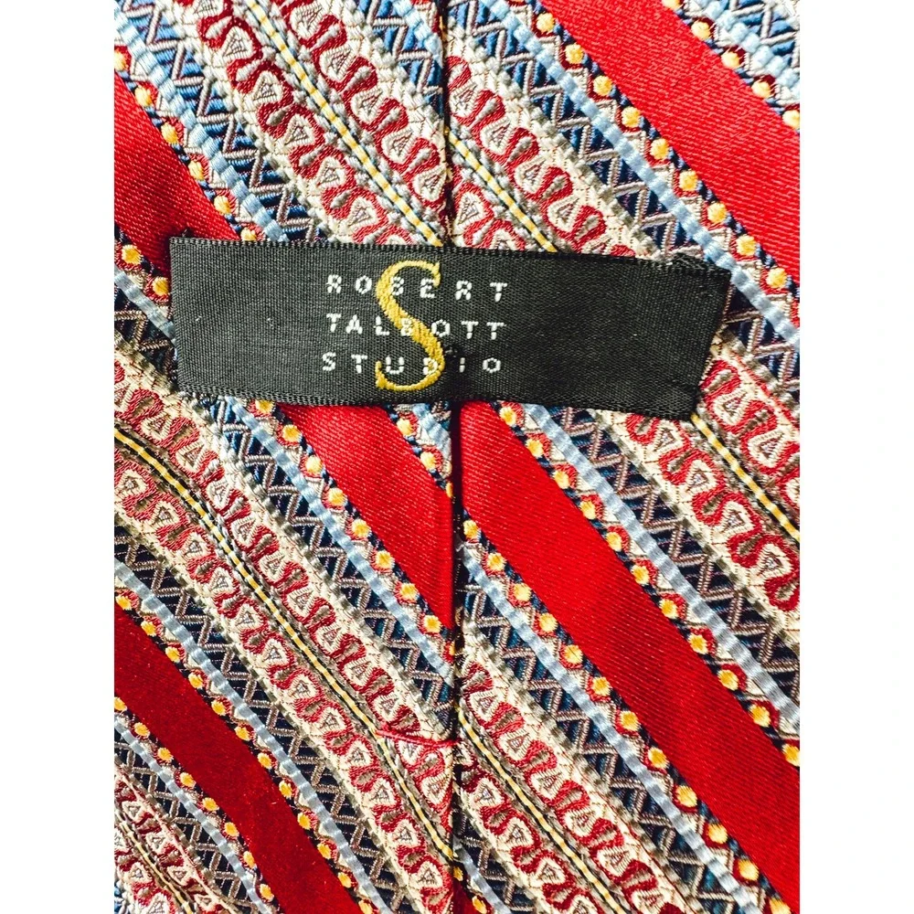 Robert‎ Talbott Studio Silk Tie Red Blue Gold Geometric Stripe Wide 4